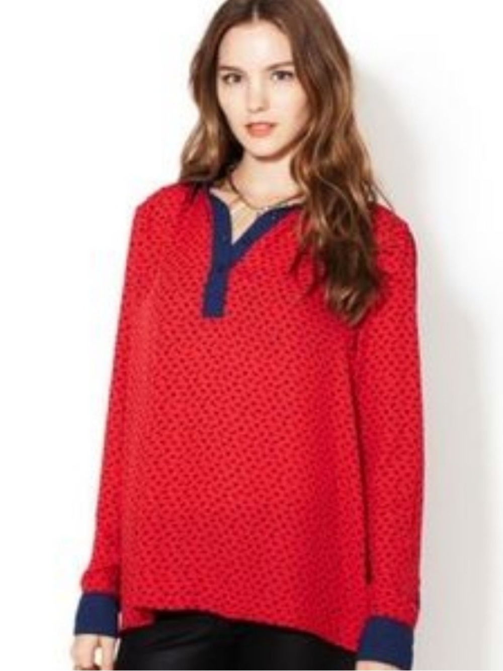 Free People Red Blouse with Navy Contrast Collar